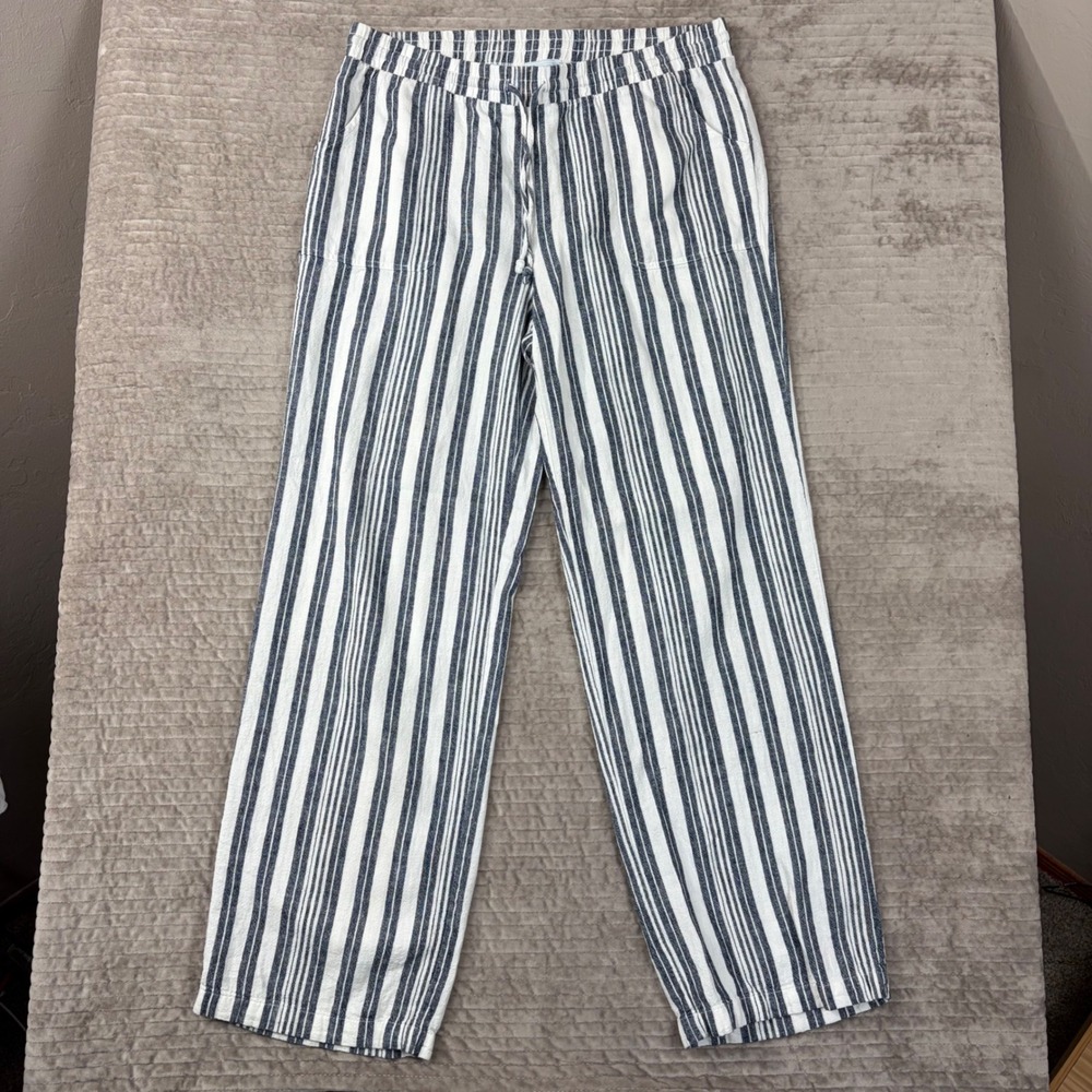 Sunday Linen Blend Striped Pants Navy Blue White Drawstring Elastic Waist Medium